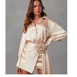 Silk-Feel Satin Shirt Dress with Rosette Waist Belt - Beige